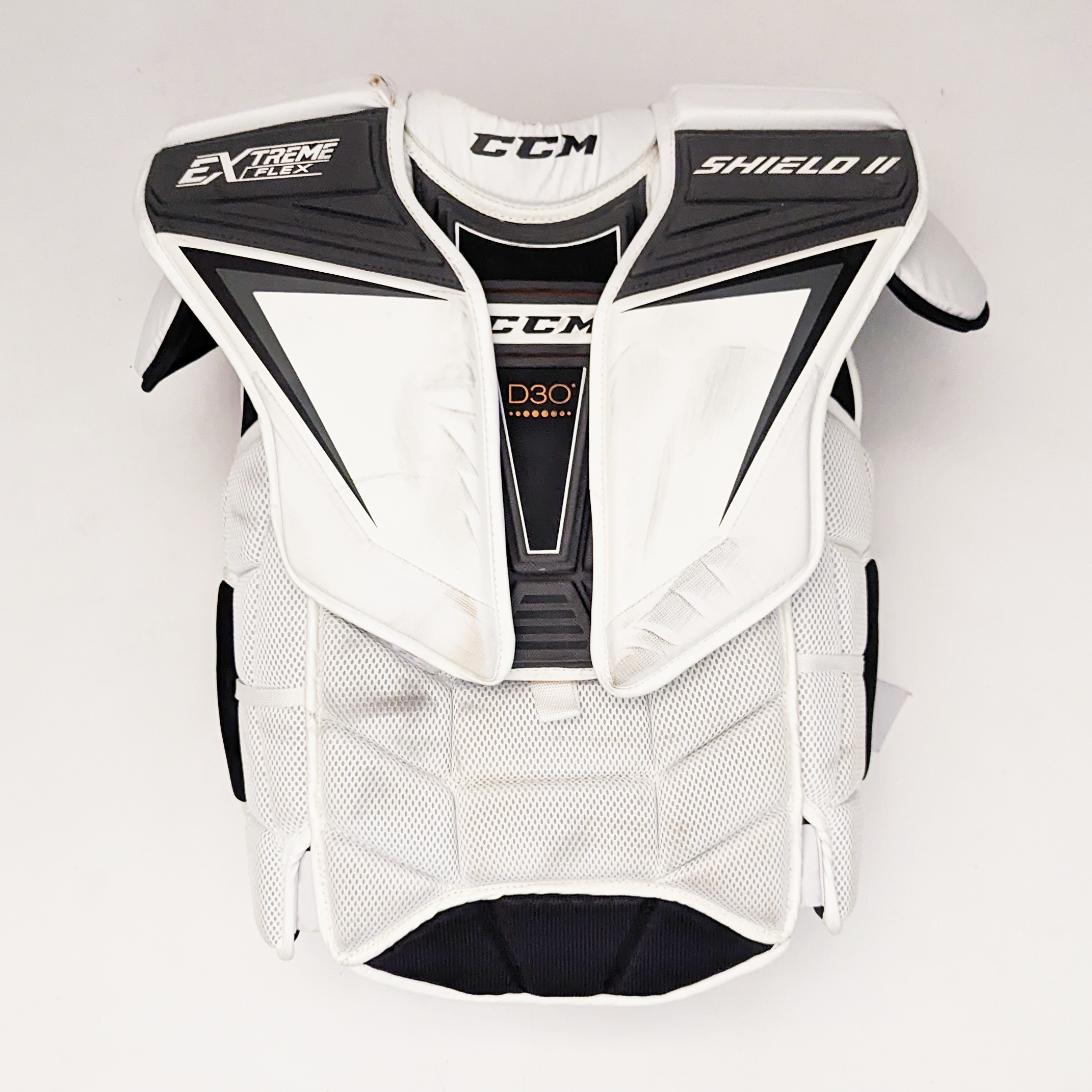 CCM Extreme Flex Shield II - Plastron de gardien de but Pro Stock d'occasion - Sans bras (blanc/gris)